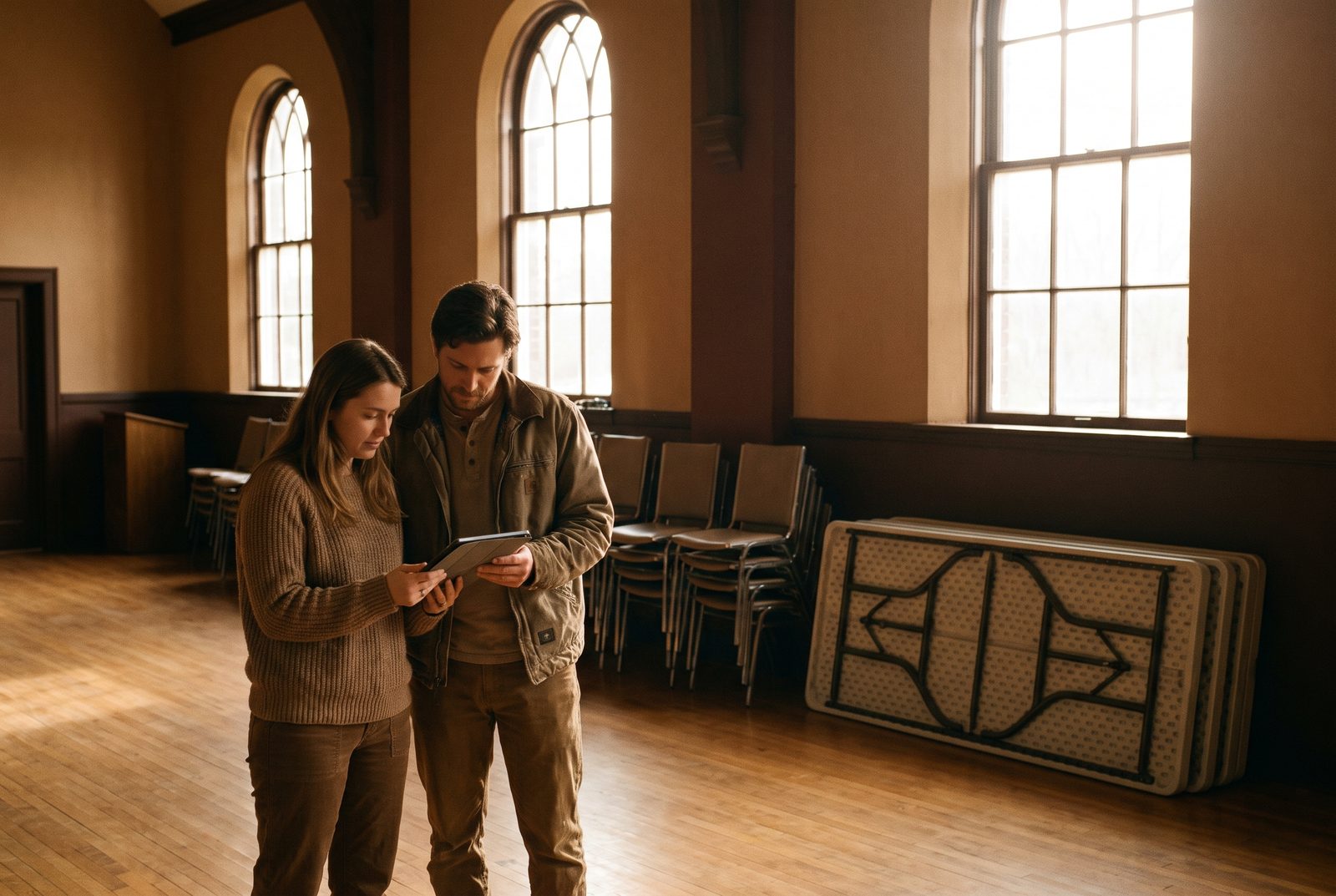 Two volunteer coordinators planning in a fellowship hall